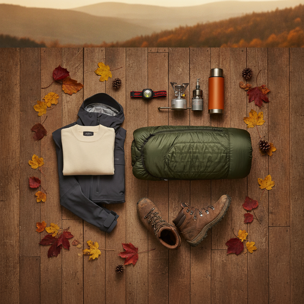 Essential autumn camping kit laid out flat including sleeping bag, waterproofs, head torch and thermos flask