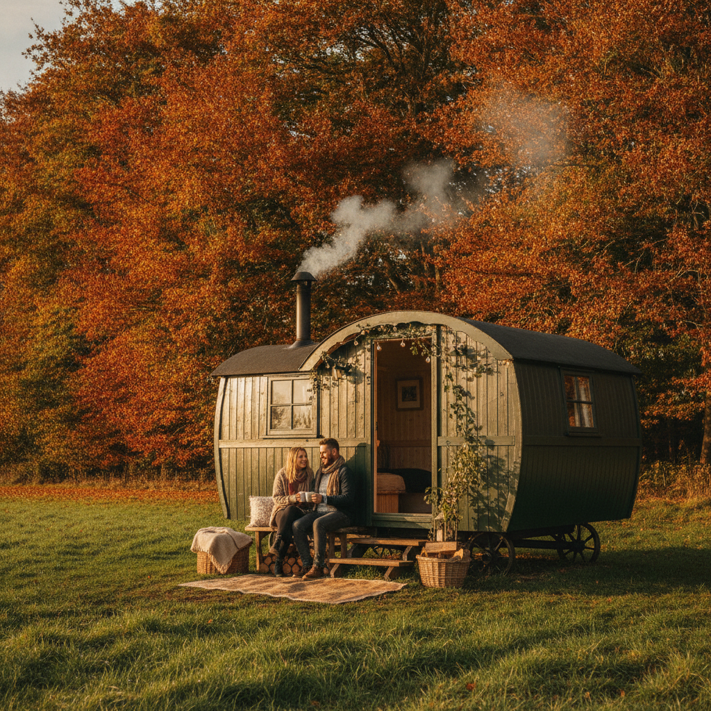 A couple enjoying a glamping shepherd's hut in the UK countryside during autumn with golden trees behind them