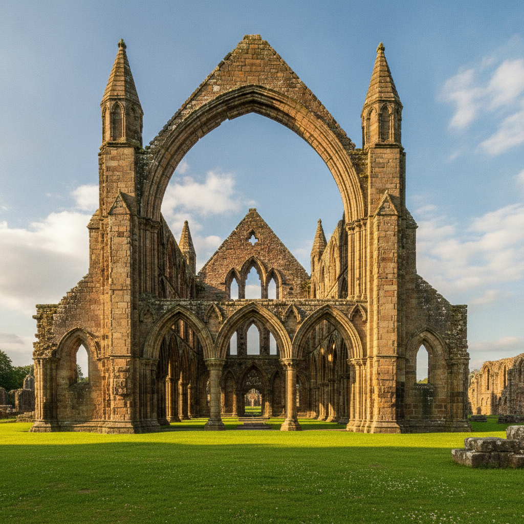 Melrose Abbey ruins in the Scottish Borders on a sunny summer day