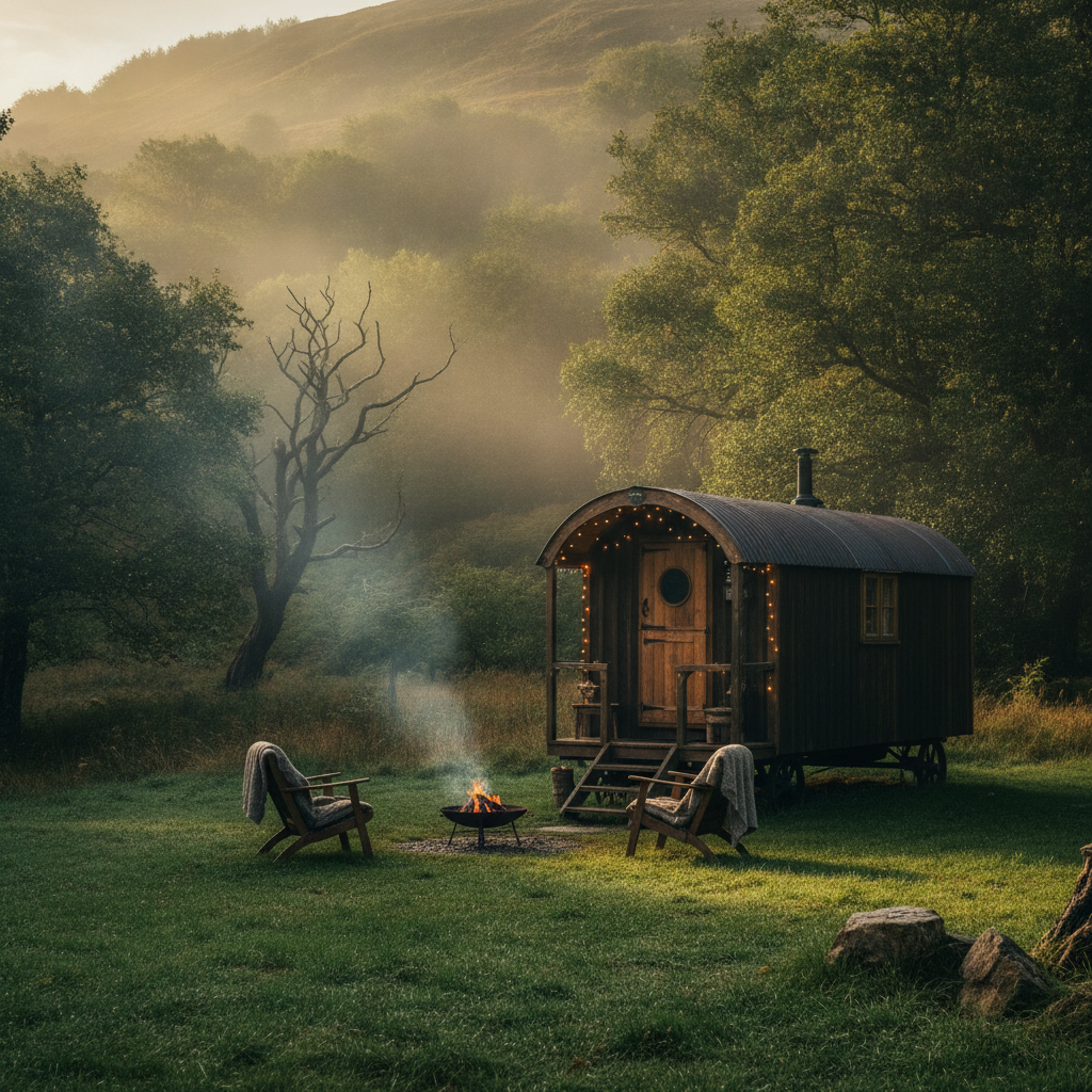 Glamping shepherd's hut in the Scottish Borders woodland with a fire pit and fairy lights