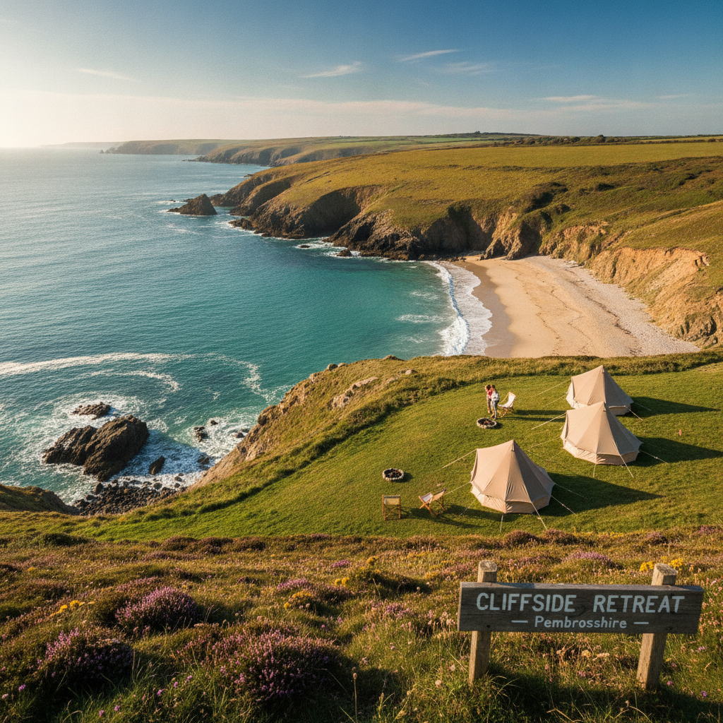 Coastal campsite on the clifftops above a sandy Pembrokeshire beach in Wales on a sunny day