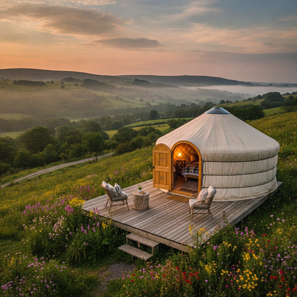 A glamping shepherd's hut with a wooden deck surrounded by wildflowers in the Welsh countryside