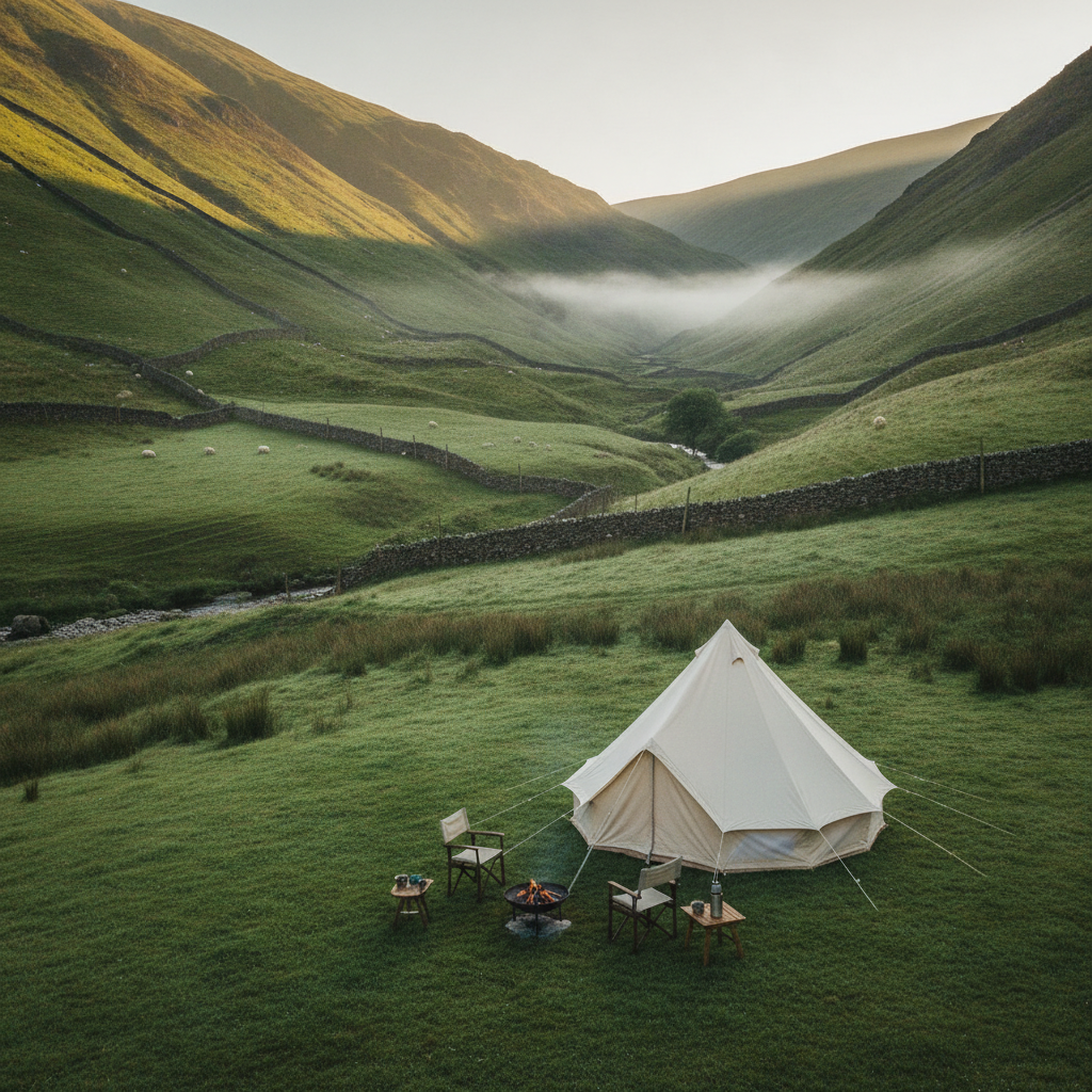 Bell tent pitched in a quiet Lake District valley with misty fells rising on either side