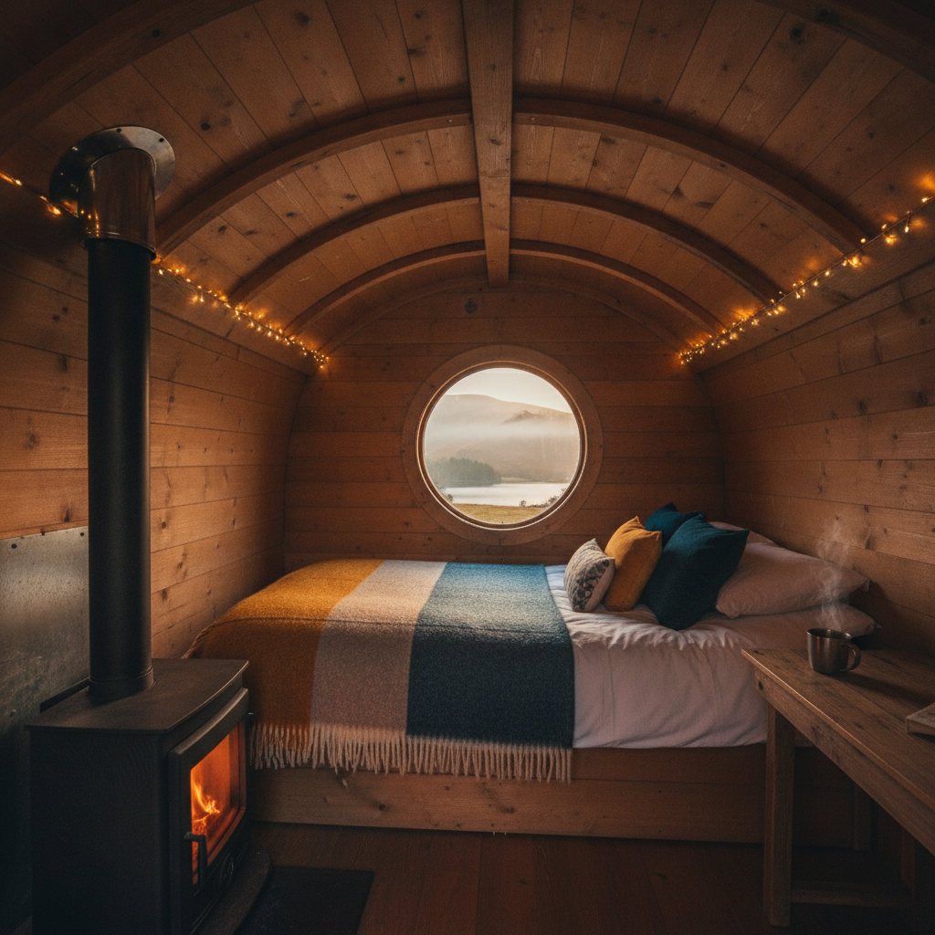 Cosy interior of a glamping shepherd's hut with a wood-burning stove and views of the Lake District fells