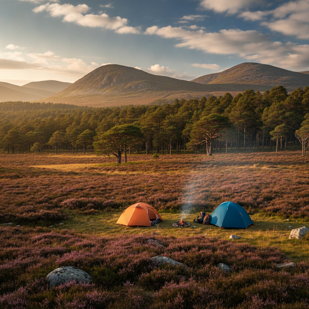 Purple heather moorland and Caledonian pine forest in the Cairngorms National Park, Scotland