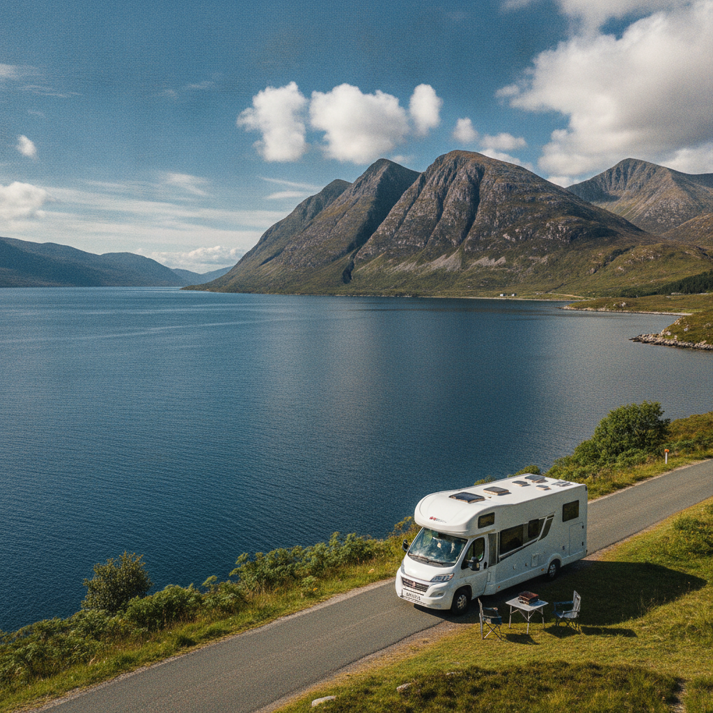 Motorhome parked on a single-track Highland road with sea loch and mountain views in the background
