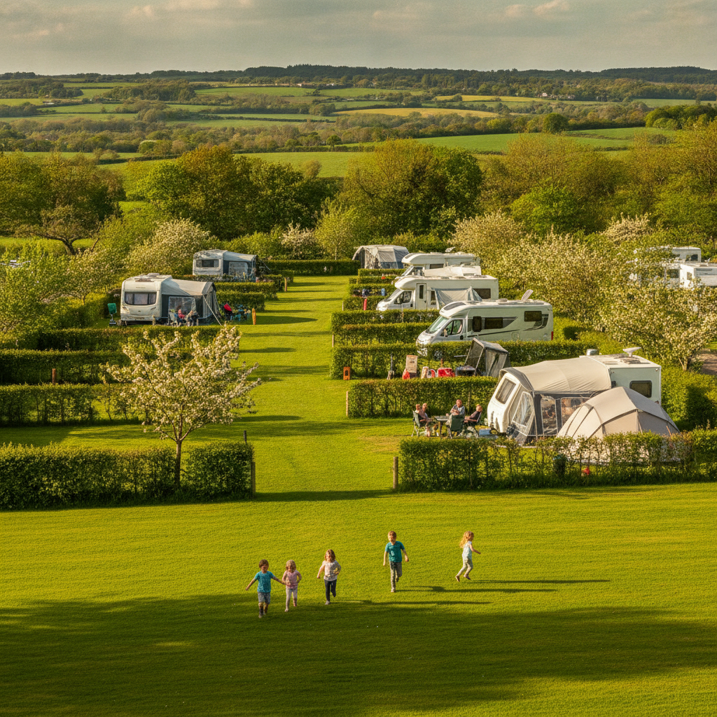 Families enjoying a spacious UK campsite with children playing on grass between well-spaced pitches