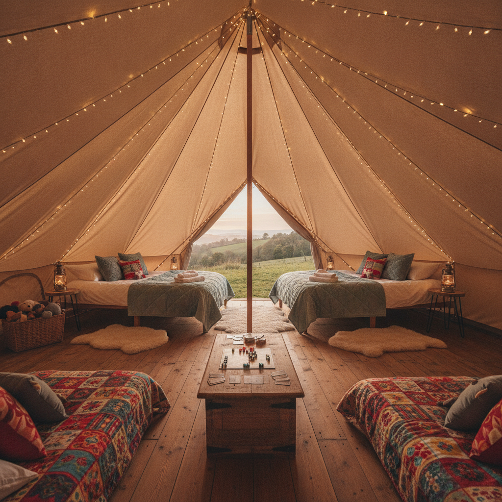Cosy glamping bell tent interior set up for a family with children's beds and warm fairy lighting