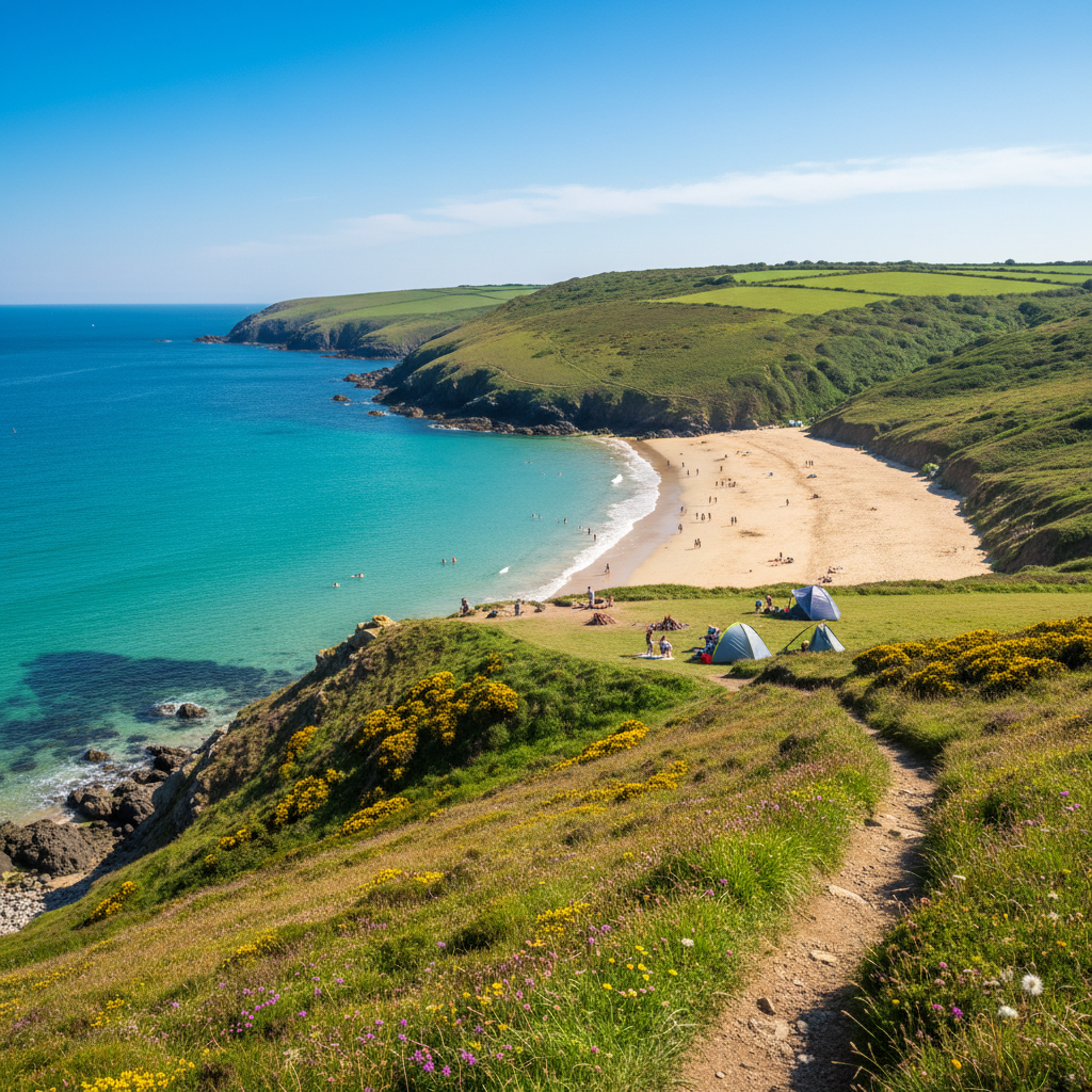 Turquoise sea and golden sand Cornish beach viewed from coastal clifftop path on a sunny summer day