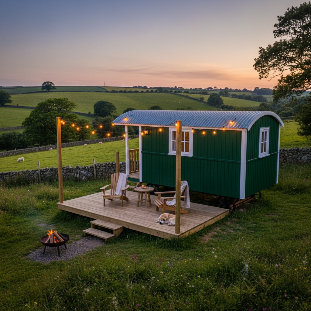 Cosy glamping shepherd's hut on a Cornish farm with wooden deck and string lights in evening light