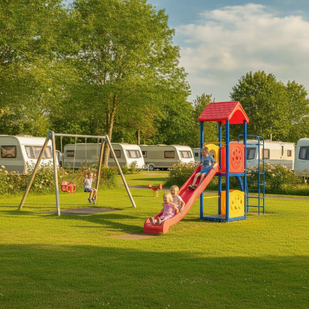 Children playing on a colourful play area at a family-friendly UK caravan park