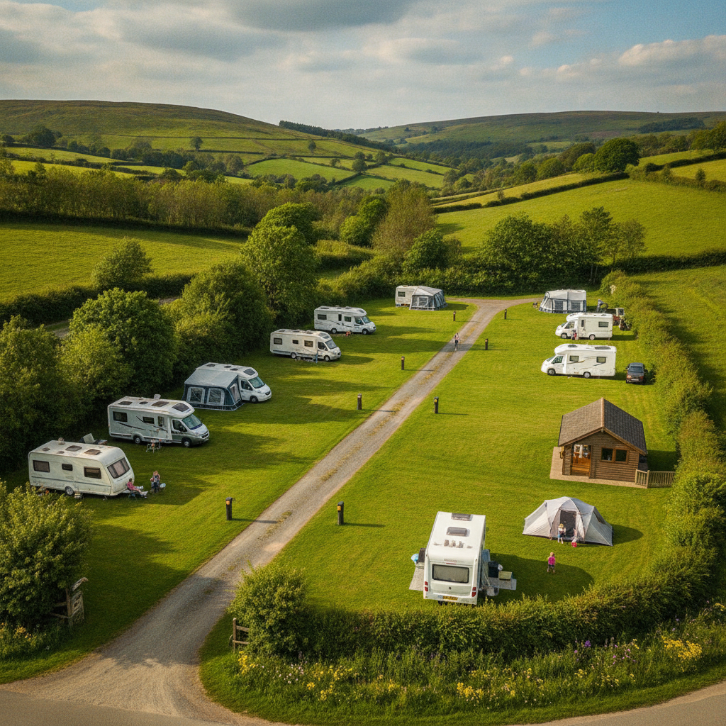A small family-friendly caravan park in the UK countryside surrounded by green hills