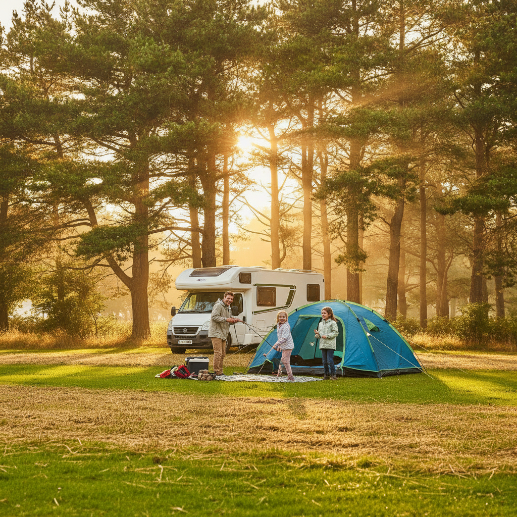 Family setting up a tent on a pine-tree-lined campsite near Wells-next-the-Sea, Norfolk