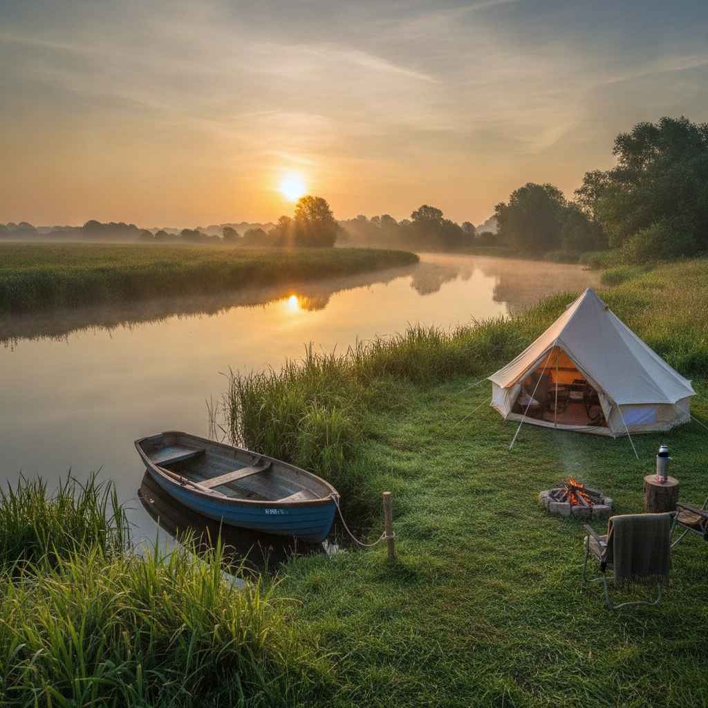 Riverside camping pitch on the Norfolk Broads at sunrise with a moored rowing boat and morning mist