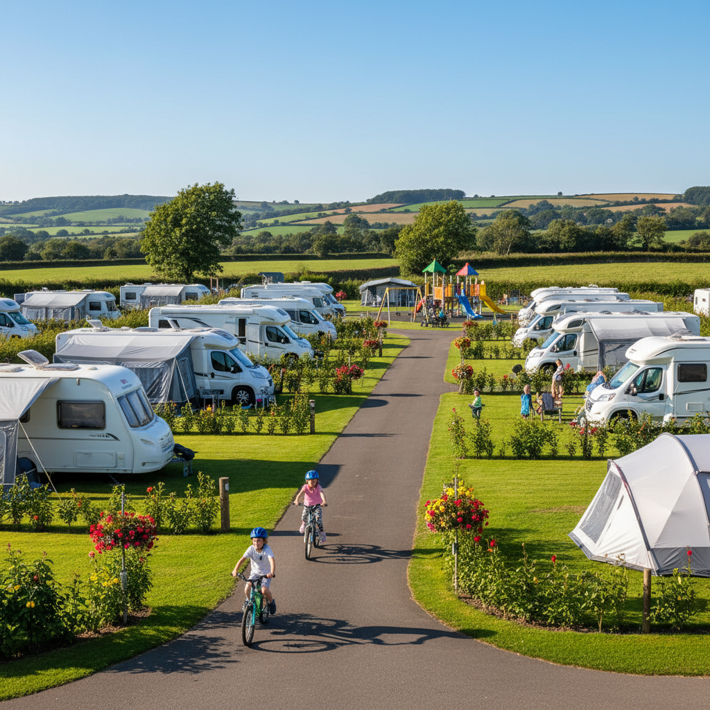 A busy UK family holiday park with caravans, tents and children playing on a sunny summer day