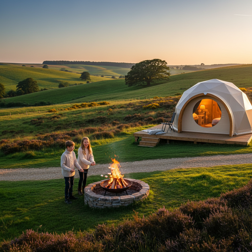 Children roasting marshmallows outside a glamping pod at a UK campsite in the evening
