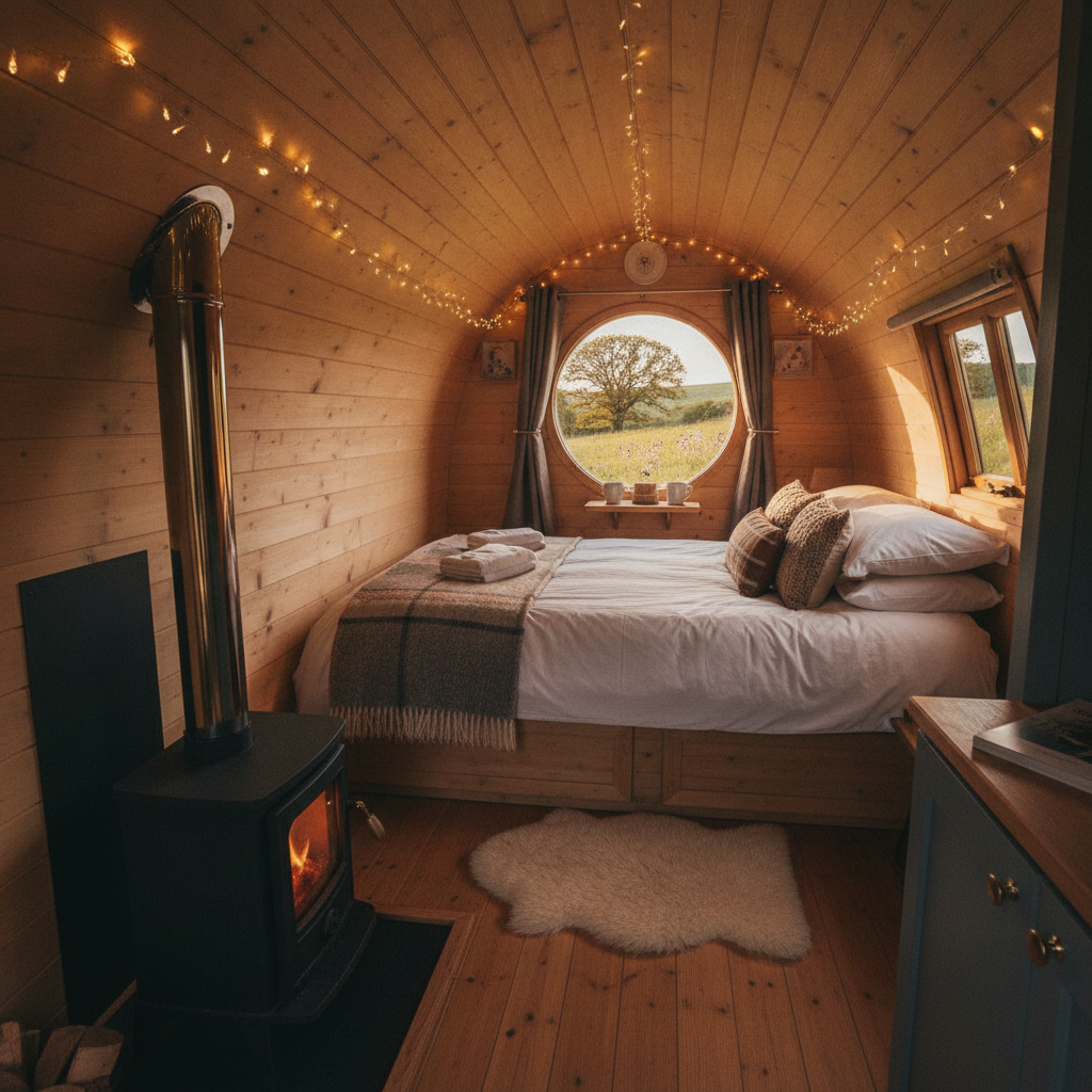 Cosy interior of a shepherd hut with double bed, wood-burning stove and fairy lights