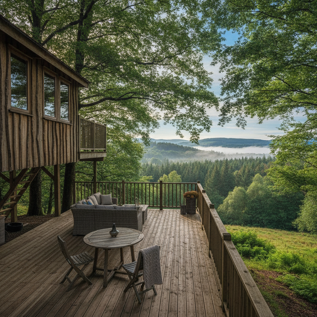 A treehouse glamping retreat in Scottish woodland with a wooden deck and forest views