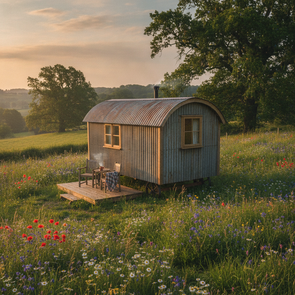 A traditional shepherd hut with corrugated roof surrounded by wildflowers on a British farm in morning light