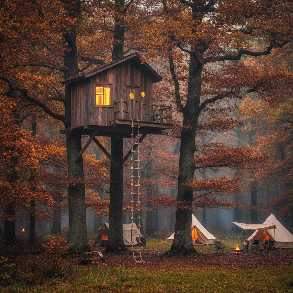 A wooden treehouse lit from within, nestled high in oak trees in British woodland during autumn