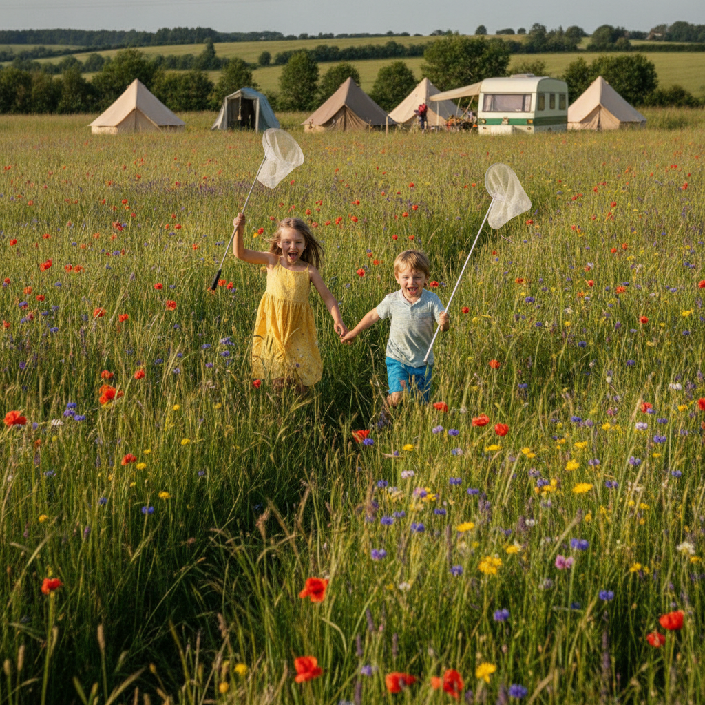 Two children running through a wildflower meadow near a UK campsite with butterfly nets