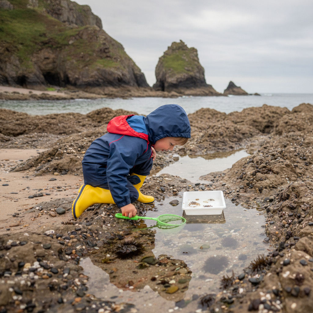 A child in wellies rock pooling on a British beach during a family camping holiday