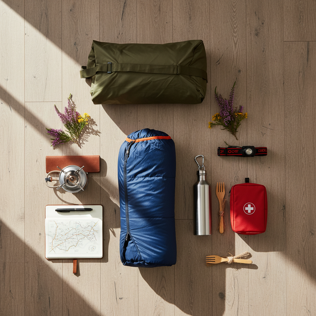 Flat lay of essential camping kit including sleeping bag, stove, torch and first aid supplies
