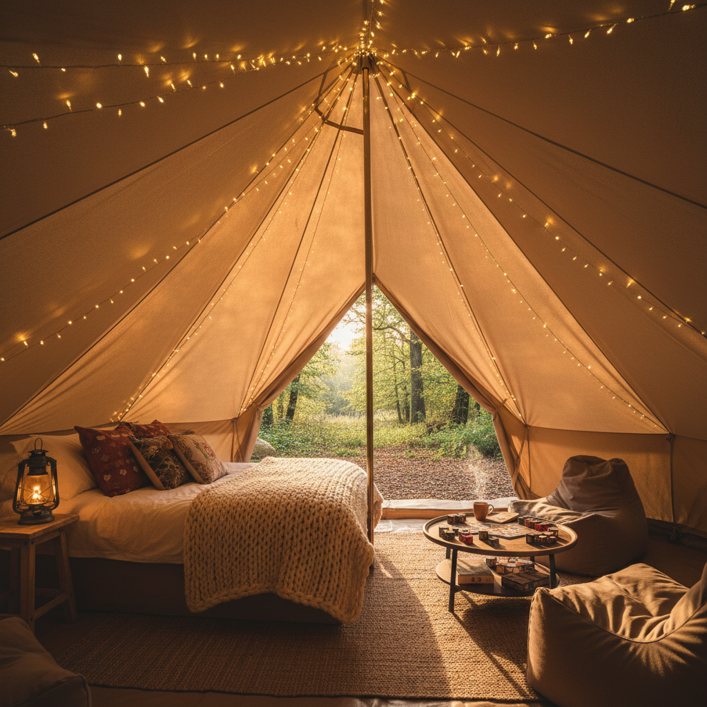 Cosy glamping bell tent interior with fairy lights and a comfortable bed in a UK woodland