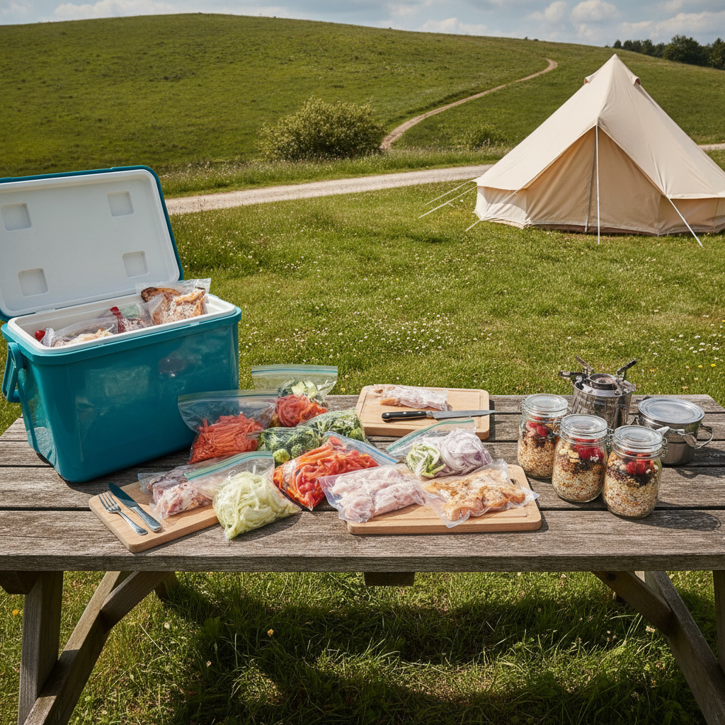 Camping food prep laid out on a picnic table including prepped vegetables, overnight oats and a cool box