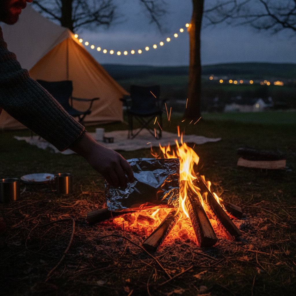 Foil packet dinner being placed into campfire embers at a UK campsite