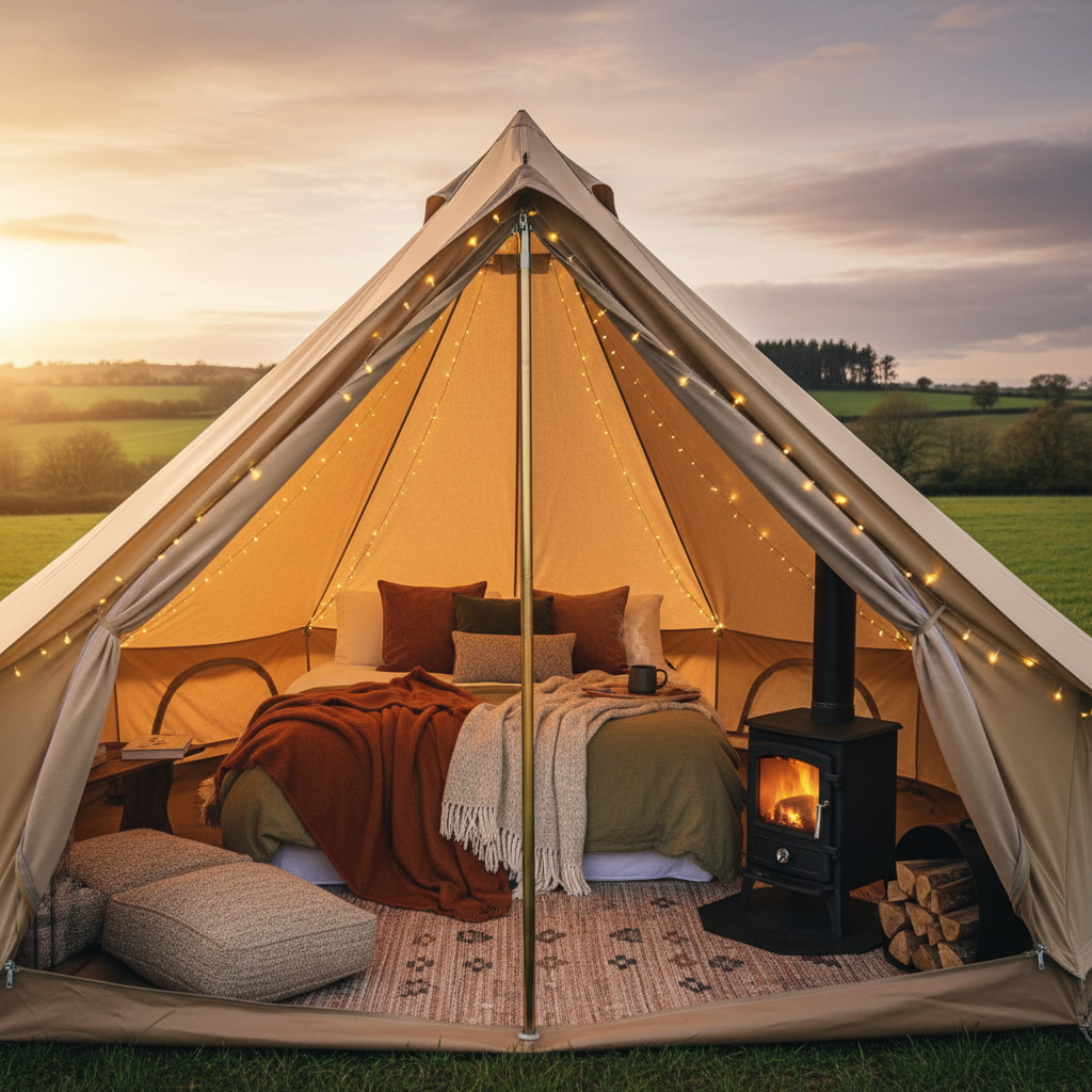 Inside a glamping bell tent at a UK campsite with a double bed, fairy lights, and a wood-burning stove