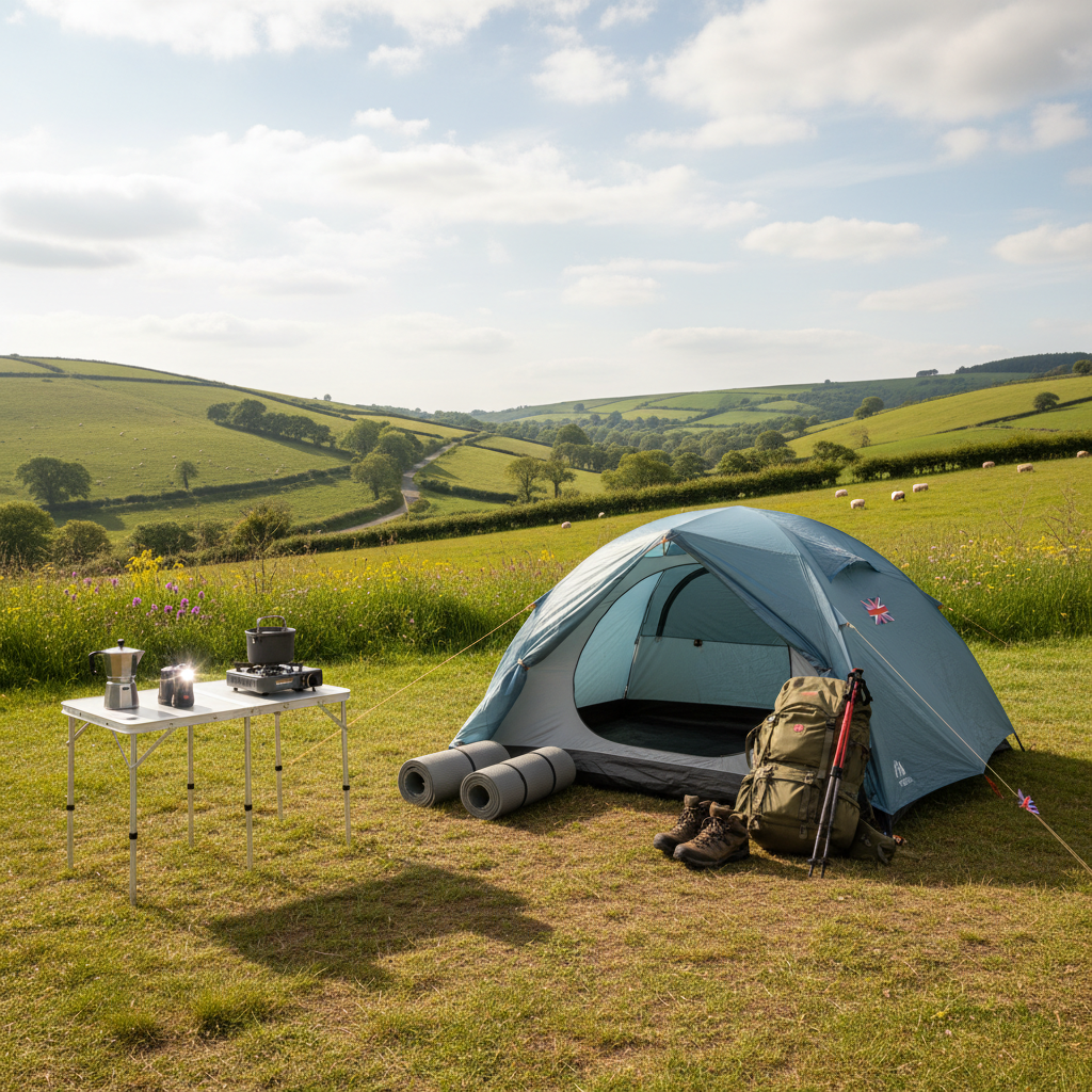 A neatly set up camping pitch with tent, stove, and essential camping gear on a UK campsite