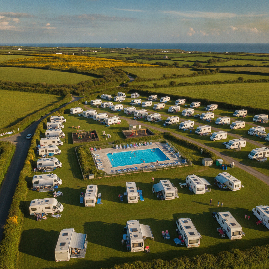 Aerial view of a family holiday park in Cornwall with touring pitches, caravans and an outdoor swimming pool