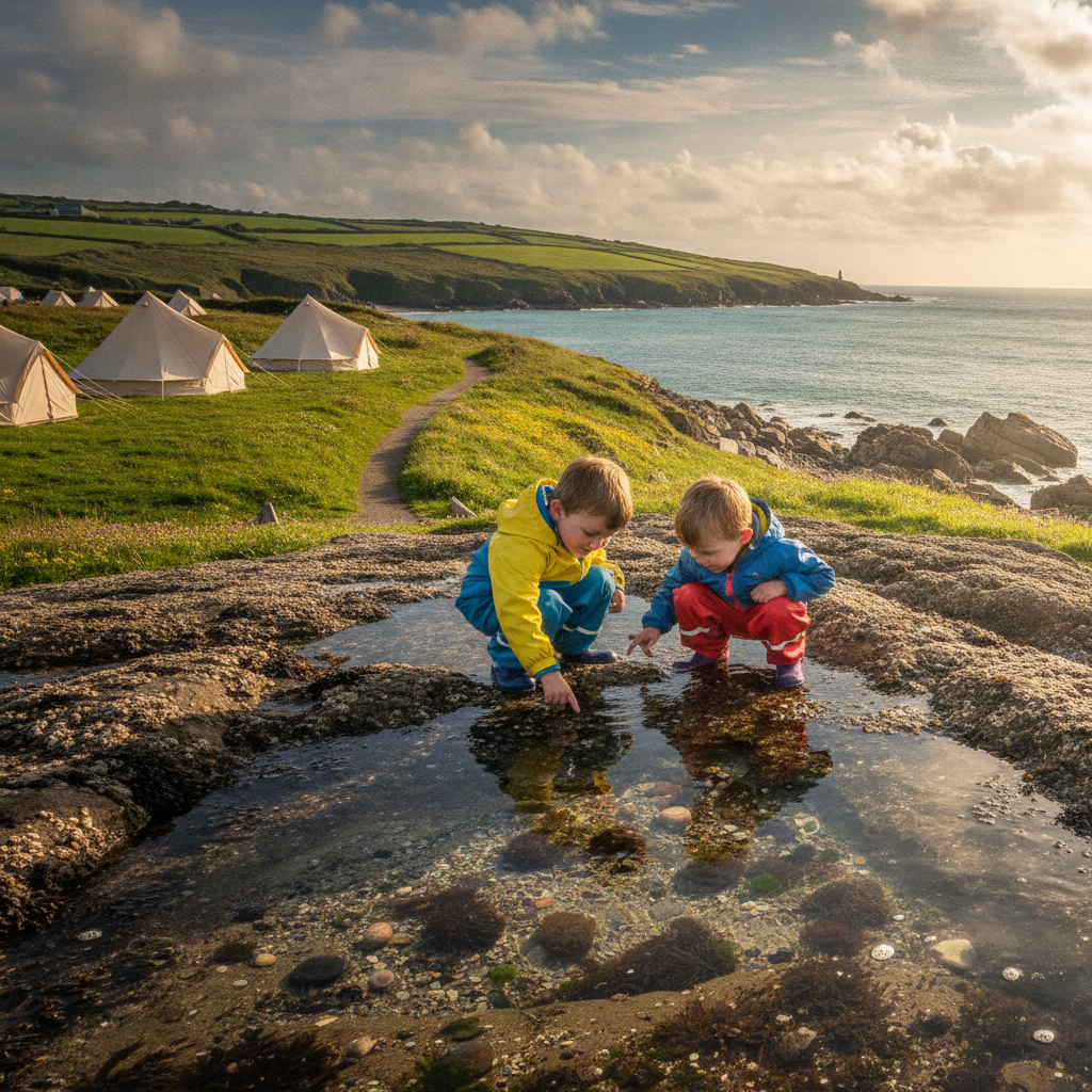 Two children in waterproof jackets rock pooling on a sunny Cornish beach at low tide