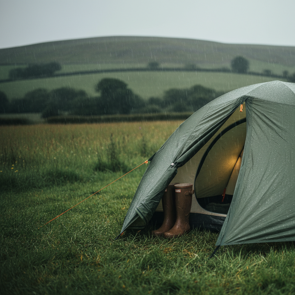 Close-up of a camping tent with rain on the flysheet and wellington boots in the porch