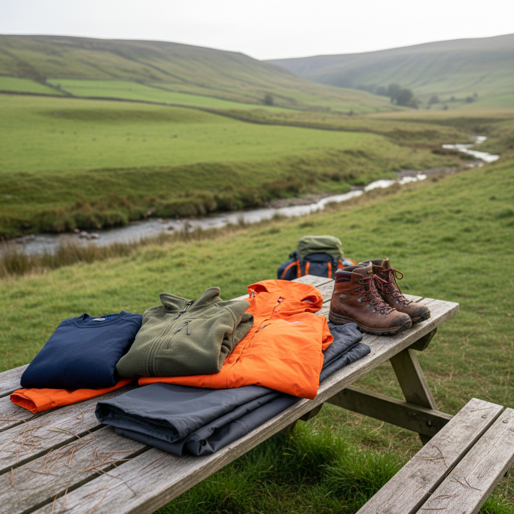 Camping clothing layers including merino wool base layer, fleece, waterproof jacket and walking boots laid out on a wooden surface