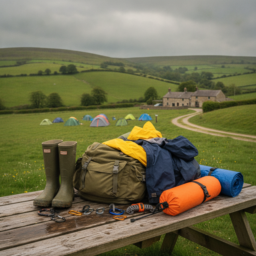 Essential rainy day camping kit laid out including waterproofs, wellies, tarp and dry bag