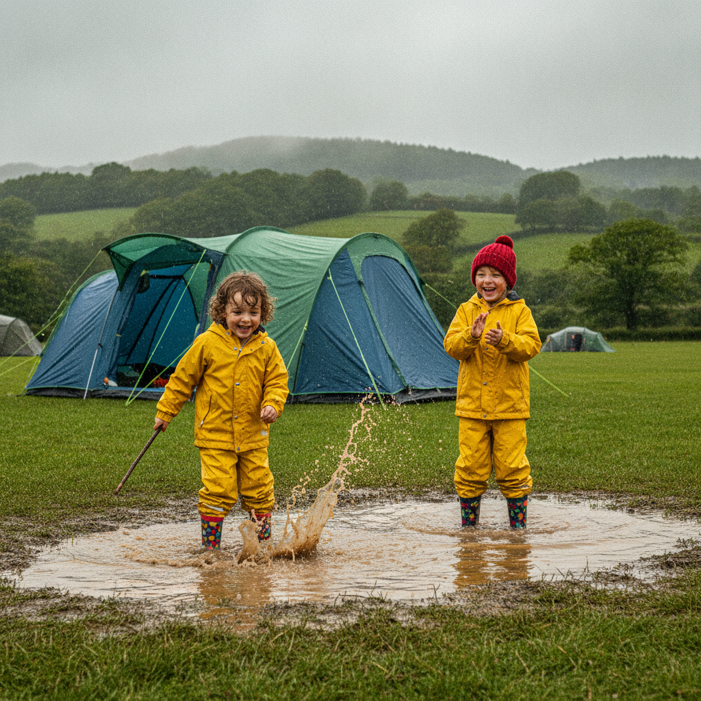 Two children in waterproofs laughing and splashing in puddles outside a tent on a rainy camping day