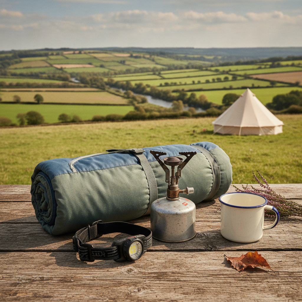 Second-hand camping gear laid out on a wooden table including sleeping bag, stove, and headtorch