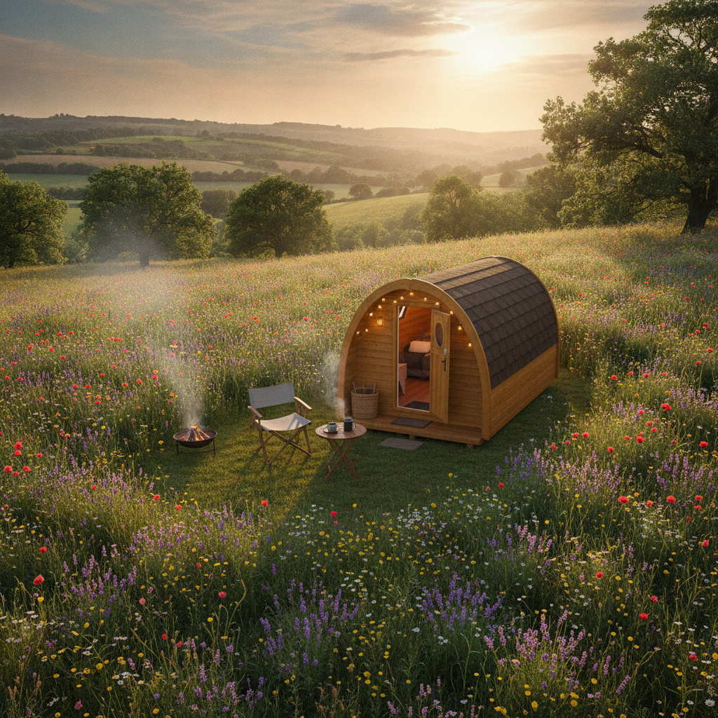 A wooden camping pod at a budget UK farm campsite surrounded by a wildflower meadow