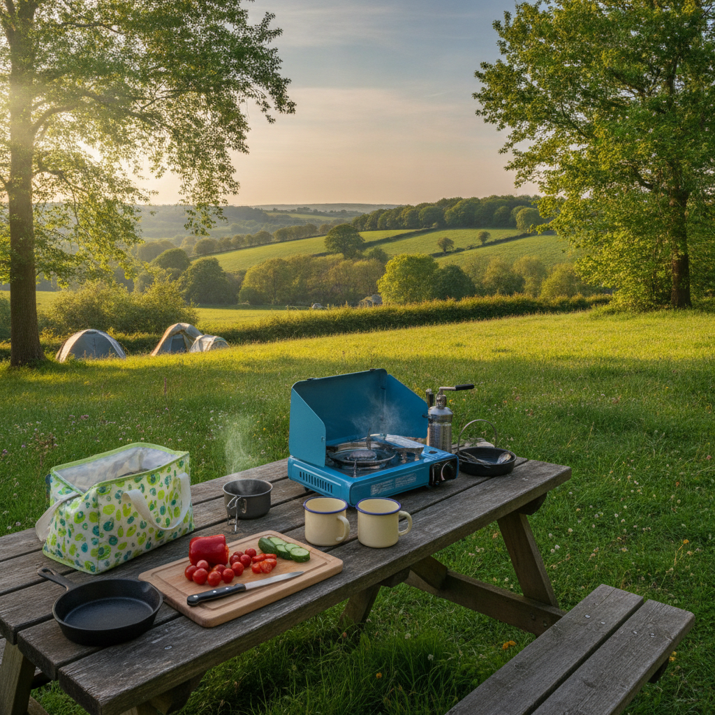 Compact camping cooking setup with a gas stove, enamel mugs, and fresh food on a picnic table at a UK campsite