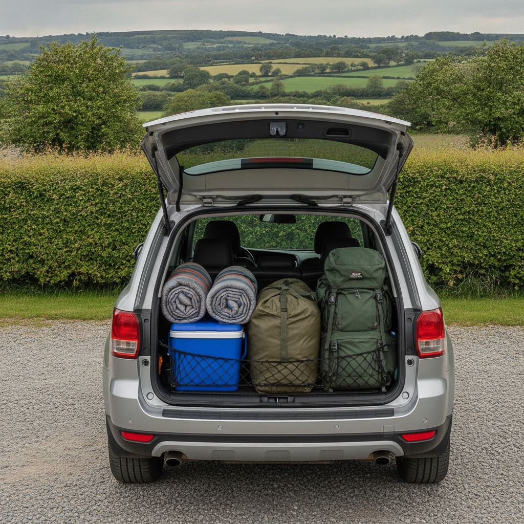 Neatly packed car boot with camping gear including sleeping bags, tent, and cool box ready for a UK camping trip