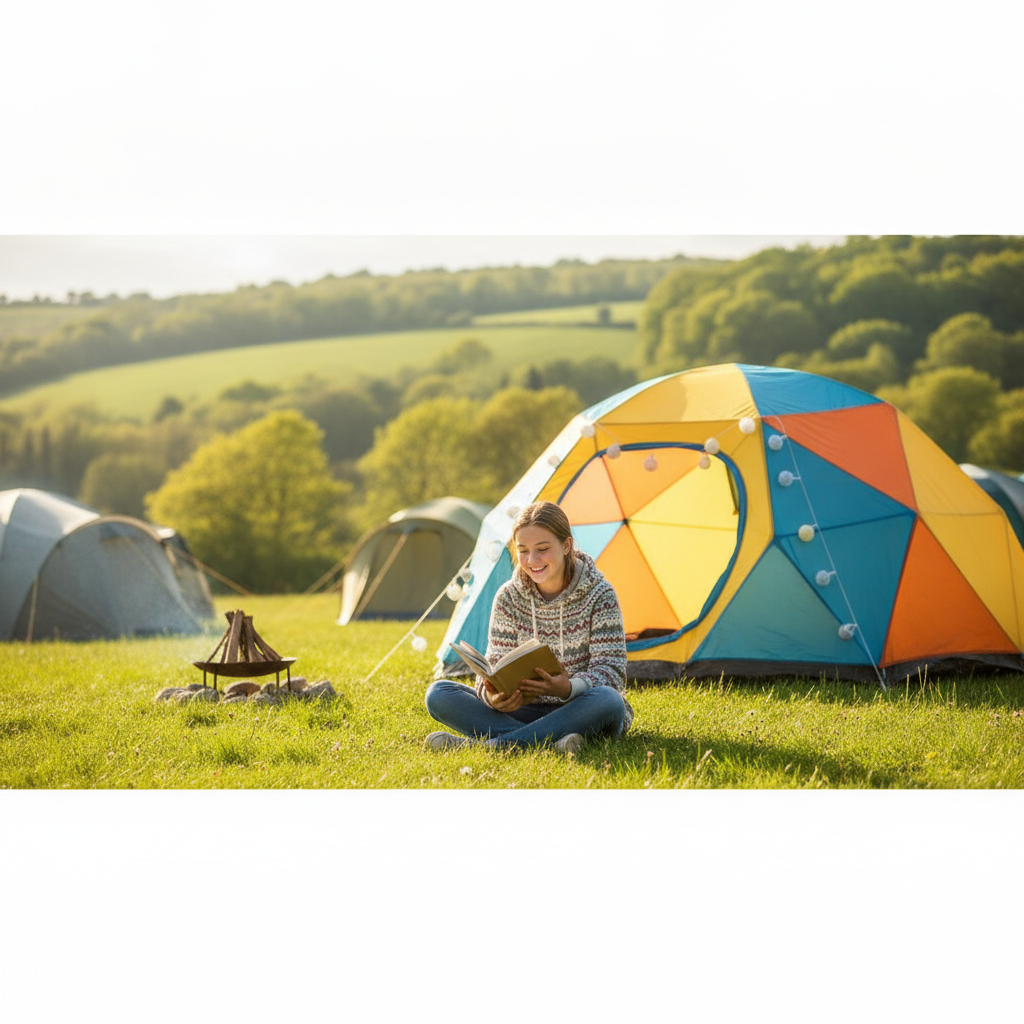 Teenage girl relaxing outside her tent on a family camping holiday in the UK