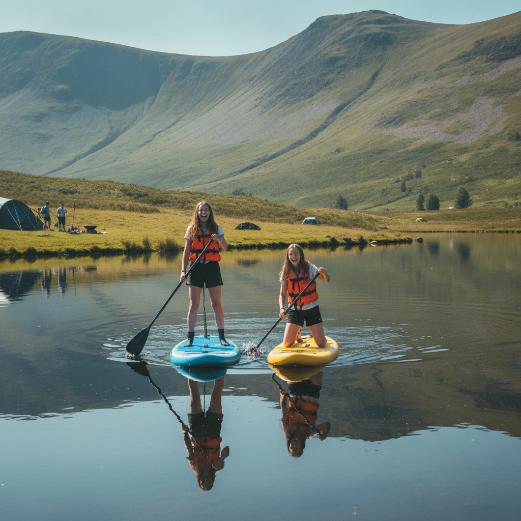 Two teenagers paddleboarding on a lake in the UK during a camping holiday