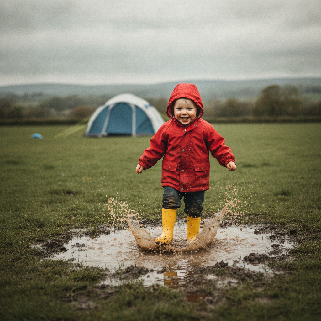 Toddler in yellow wellies splashing in a muddy puddle on a UK campsite