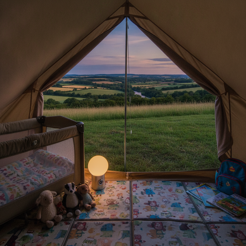 Cosy family tent interior with a toddler travel cot, sleeping bag, and soft toys
