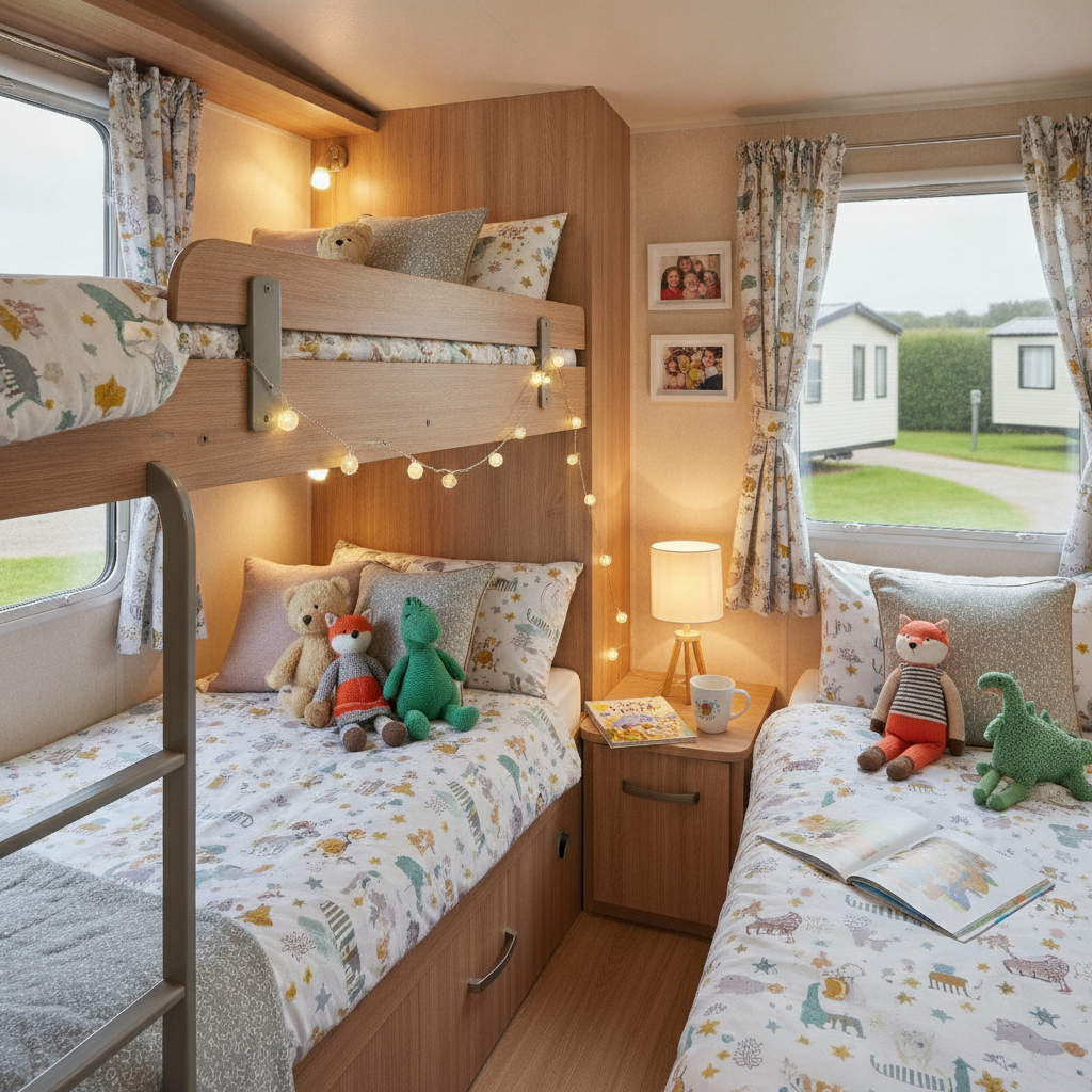 Inside a family-friendly static caravan at a UK holiday park with children's sleeping area