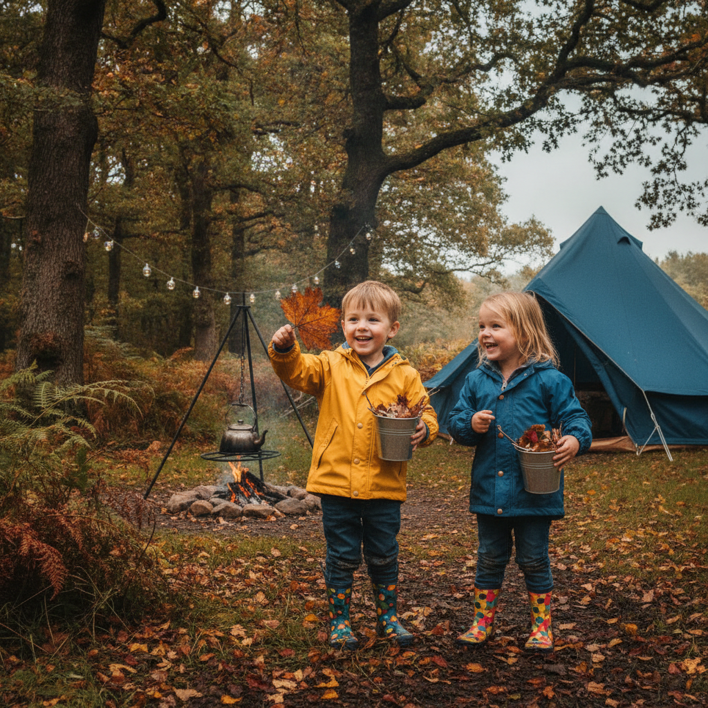 Two young children in wellies exploring woodland near a campsite on a nature scavenger hunt