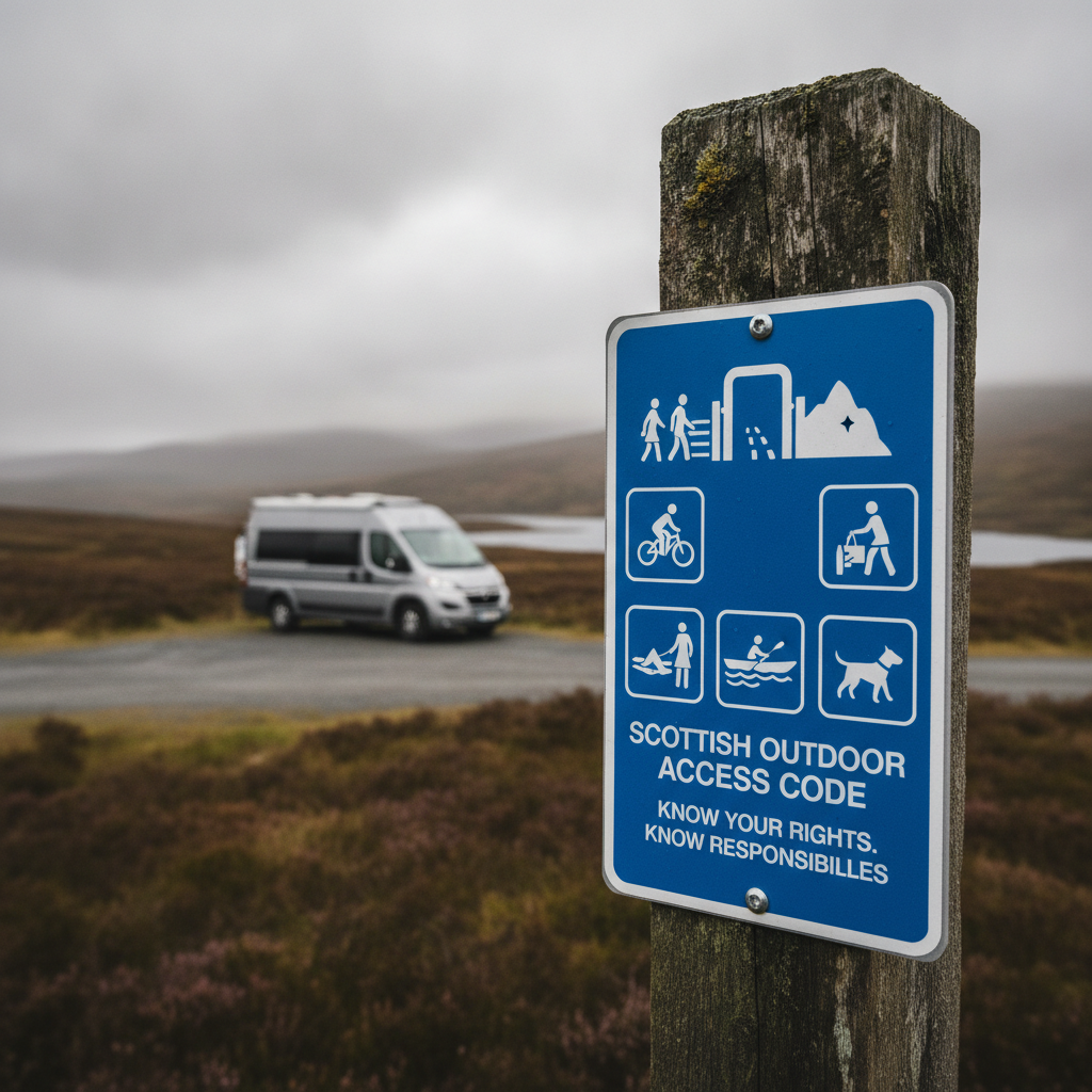 Scottish outdoor access code sign on a Highland moorland path
