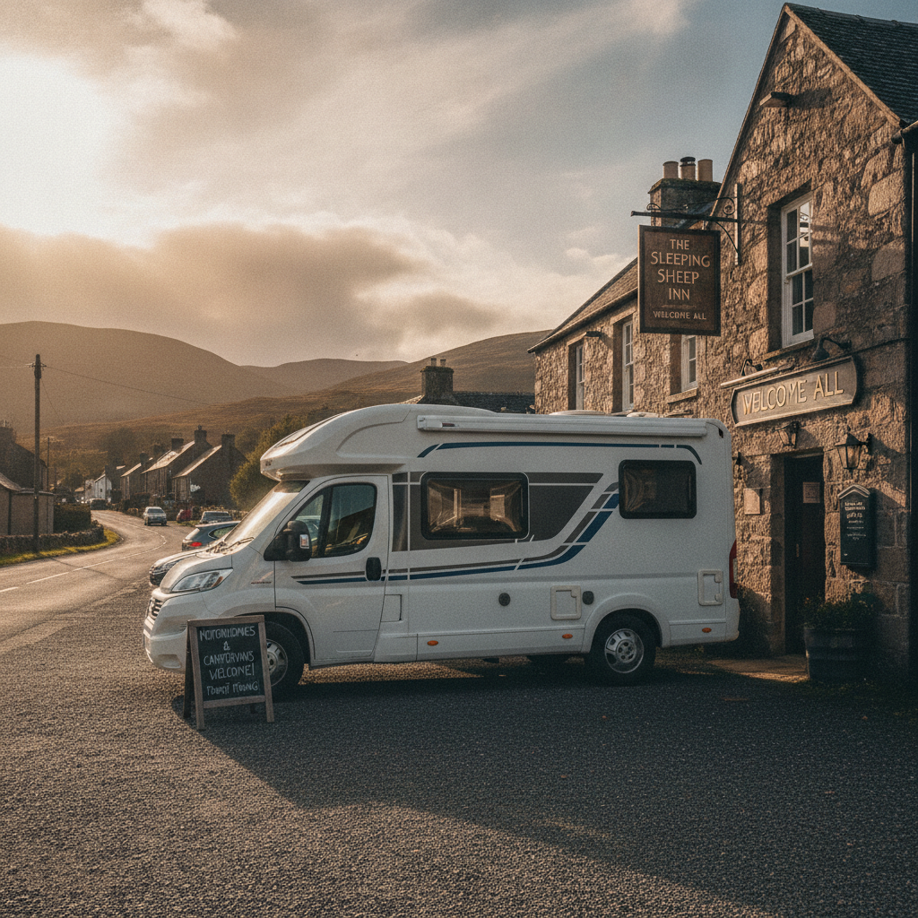 Motorhome parked overnight at a Scottish pub stopover in a Highland village